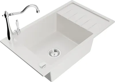 Produktbild von Mexen Elias 1 Becken-Granitspüle mit Abtropffläche und Mischbatterie Carla, Weiß - 6511-20-670700-00