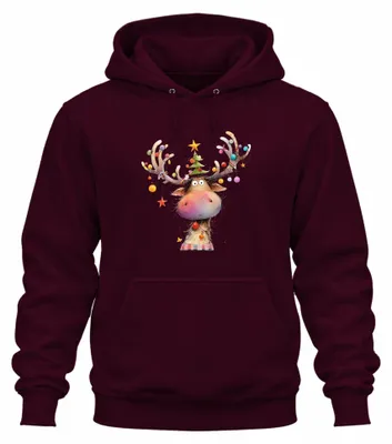 Productafbeelding van Grappige kersttrui met rendierhoorns, kerstballen en een eland, bordeauxrood, maat XL