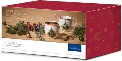 A product box for a Villeroy & Boch Toy's Delight mug set, featuring Christmas-themed decorations and imagery.