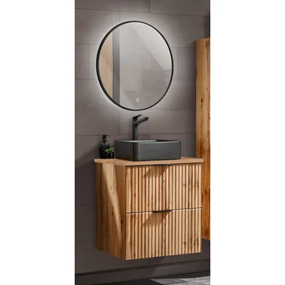 Produktbild von Badmöbel Waschtisch & LED-Spiegel Set Wotaneiche Keramikwaschbecken B/H/T 61/200/46,5 cm