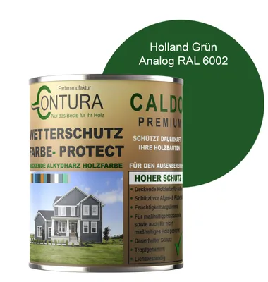 Produktbild von Contura 1Liter Wetterschutzfarbe Holz Dauerschutzfarbe Deckend Buntlack Holzfarbe Holzlasur Seidenmatt - Holland Grün - RAL 6002 Analog