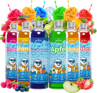 Produktbild von Belissia Slush Eis Sirup 6×250 ml Konzentrat | Partyset | Sehr ergiebig (1:5) für bis zu 9 L Slush-Eis | Glycerin frei | Knallige Farben