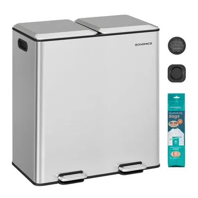 Produktbild von Mülleimer Küche, 2 x 30 L, 2 Fächer, Mülltrennsystem, Softclose, herausnehmbare Inneneimer, Pedalen, Edelstahl, metallicsilber
