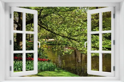 Produktbild von Wallario selbstklebendes Poster mit Fenster-Illusion - Bunte Blumen im Park am Wasser - Frühblüher am Ufer, Größe: 61 x 91,50 cm