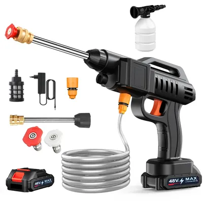 Image de Nettoyeur haute pression sans fil pour voiture et maison - 1500W - Pistolet de lavage sans fil - 50 bars - 1 batterie de 6000 mAh - Buse 6-en-1 - Tuyau de 5 à 10 mètres