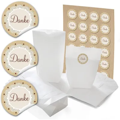 Produktbild von 24 kleine weiße Papiertüten mit Boden Papier-Beutel Papiertüten Geschenktüten 14 x 22 x 5,6 cm + 24 runde Aufkleber Sticker DANKE mit 3 Herzen zum liebenvollen Verpacken von Geschenken"Danke" beige, braun