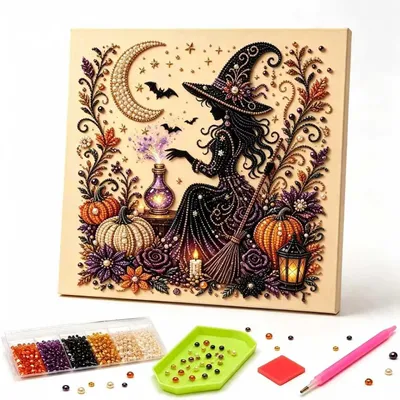 Produktbild von Diamond Painting Set - Motiv Geister Kürbisse und Hexe - Bastelset mit Perlen