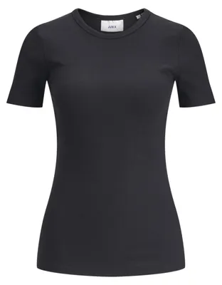 Imagen del producto de Jack & Jones, camiseta de mujer modelo JXFRANKIE STR SS, confeccionada en tejido de canalé, color negro, talla XL
