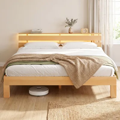 Produktbild von VASAGLE Bettgestell 180 x 200 cm aus Massivholz Buche, Kopfteil mit LED und USB, ohne Lattenrost, Naturfarben