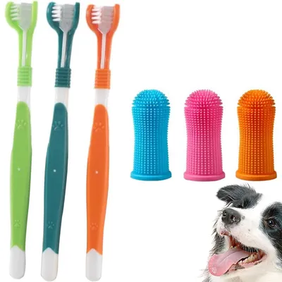 Produktbild von Zahnbürsten Set Hund 3 Stück Triple Head & Fingerbürsten Silikon
