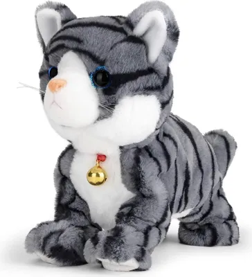 A plush toy cat with blue eyes and a bell on a red collar, sitting on a white background.