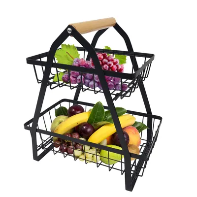 Produktbild von TWOLIIN Obst Etagere 2 Stöckiger Obstkorb Metall Obstschale Abnehmbar Obst Halter Küche Ablagekorb mit Holzgriff Brotkorb Gemüseregal Korb für Obst Gemüse Brot Snacks, Schwarz