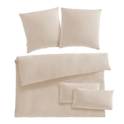 Produktbild von Pure Label Musselin Bettwäsche 200x200 bestehend aus einem Bettbezug 200x200 cm + Kissenbezug 80x80 2er Set + 40x80 Kissenbezug 2er Set in beige