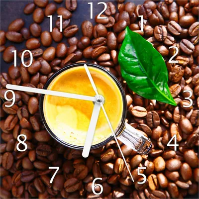 Produktbild von Wallario Design Wanduhr Kaffee und Bohnen aus Echtglas, Größe 20 x 20 cm