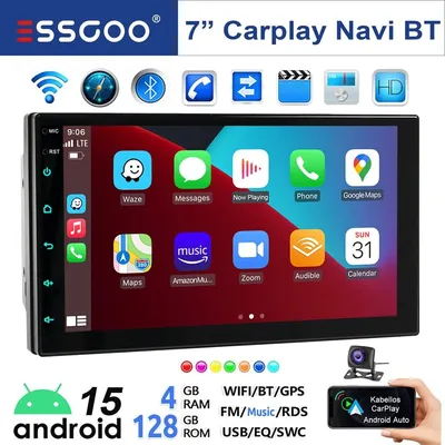 Produktbild von 2 DIN Autoradio 7 Zoll Touchscreen Bluetooth Carplay Android Auto Android 15 mit GPS Navigation RDS USB Freisprecheinrichtung Lenkradsteuerung 128GB