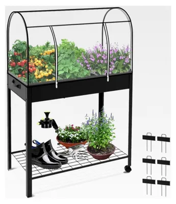 Produktbild von Metallhochbeet mit Abdeckung, Rädern, Regal und 6 geteilten Fächern, Pflanztrog für Balkon, Garten und Terrasse, 80,5x43x130 cm