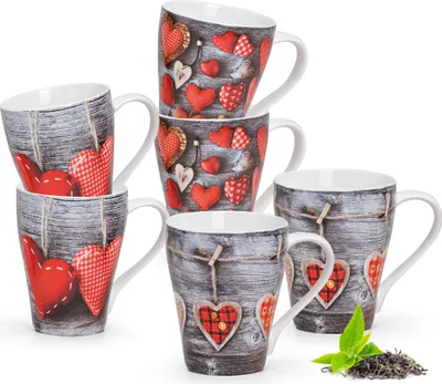 Produktbild von Schöne Kaffeetassen 6er Set Holz-Optik Herzen Landhaus-Stil