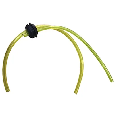 A close-up studio shot of a fuel line assembly for a garden tool.
