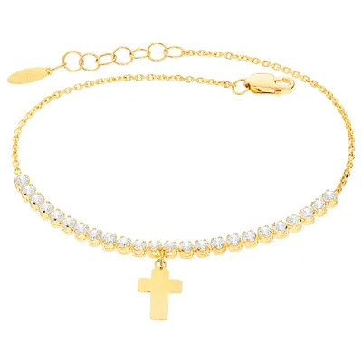 Produktbild von Damen Armband 585er Gelbgold Zirkonia Kreuz Armkette Goldarmband Kettenarmband inkl. Etui