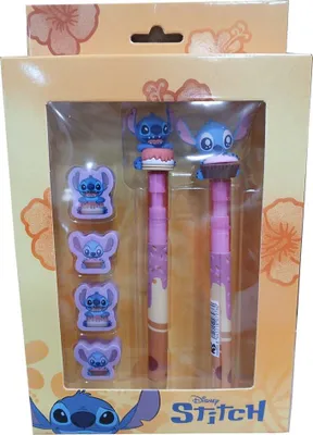 Produktbild von Stitch-Set mit Stift, Bleistift und 4 Radiergummis für Kinder