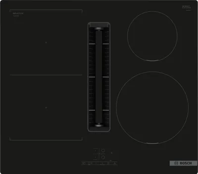 A top-down view of a black induction cooktop with an integrated downdraft ventilation system.
