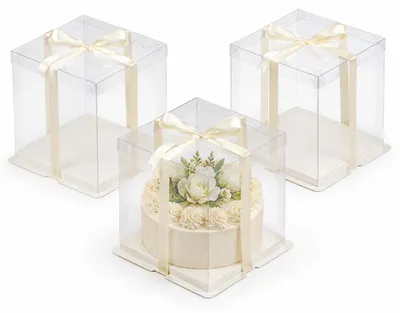 Imagen del producto de Caja transparente para tartas, 17 x 17 x 20 cm, juego de 3 unidades, con base y lazo, ideal para regalos