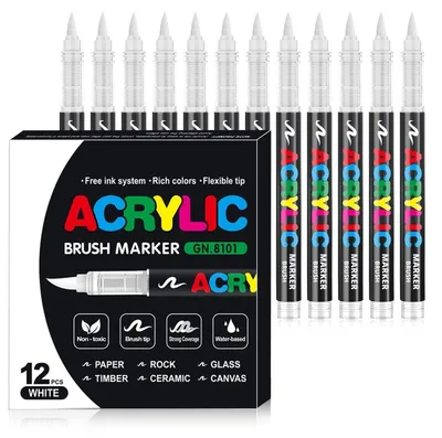 Image de Stylos acryliques pour pierre, résistants à l'eau, pointe fine (1-5 mm), pinceaux, marqueurs acryliques, lot de 12, couleur : blanc