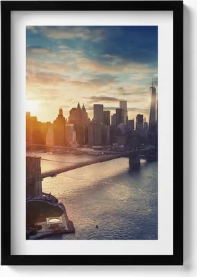Produktbild von New York Manhattan und Sonnenuntergang– Wandbild mit Rahmen – Gerahmtes Bild  – Wanddekoration – 40x60 cm –  Schwarz