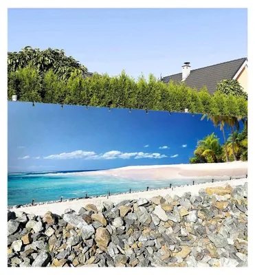 Produktbild von Zaunbanner Sichtschutz - Urlaubsort mit Palmen und Strand - Abdeckung für Terrasse und Zaun - Windschutz und Sonnenschutz - Blickdicht und wetterfest