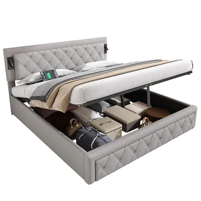 Produktbild von Polsterbett mit LED-Beleuchtung und Lattenrost, Kopfteil mit Spots, Type-C und USB Anschlüssen, 180x200 cm, gepolsterter Kopfteil, Doppelbett, Leinen