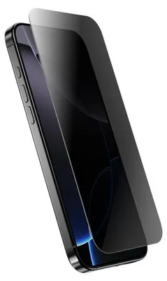 A privacy screen protector is shown being applied to an iPhone.