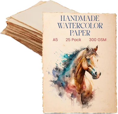 Productafbeelding van 300 GSM Dik Handgemaakt Waterverfpapier – A5 (14,8 × 21 cm) – Vintage Papier Met Scheprand – Koudgeperst Antiek Papier Voor Kunstenaars