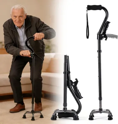 Produktbild von Faltbarer Gehstock – Gehhilfe für Senioren – Für mehr Stabilität – Vierfüßige Basis – 75-90 cm – Schwarz