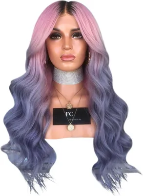Produktbild von Damen Ombre Gewellt Perück Langhaarperücke Gelockt Echthaar Volle Perücken Cosplay Wig Pink und Violett