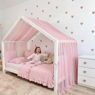 Produktbild von Baby Fancyroom Hausbett Himmel aus Tüll, Handgefertigt, Gekräuselt, Baldachin, Betthimmel für Kinderbett Kinderzimmer (Rosa, 300cm)
