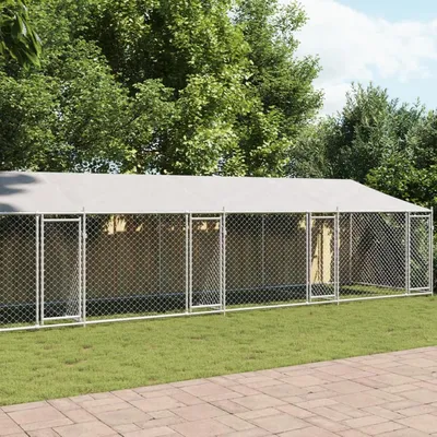 Produktbild von Hundekäfig mit Dach und grauen Türen, 10 x 2 x 2 m, aus verzinktem Stahl, Hundeeinrichtung für den Außenbereich