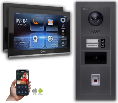 Produktbild von Goliath IP Video Türsprechanlage: 10-Zoll 2 Familienhaus, Fingerprint, RFID, Anthrazit  : 10 Zoll Schwarz : 4er POE : Unterputzdose Anschluss: 4er POE Monitor Farbe: 10 Zoll Schwarz Montage: Unterputzdose