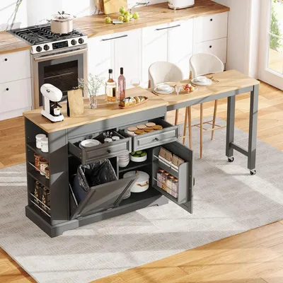 Produktbild von Kücheninsel mit Rollen Ausziehbarer Esstisch Abfallbehälterfach Servierwagen Sideboard Küchentisch Grau 116x45x92 cm