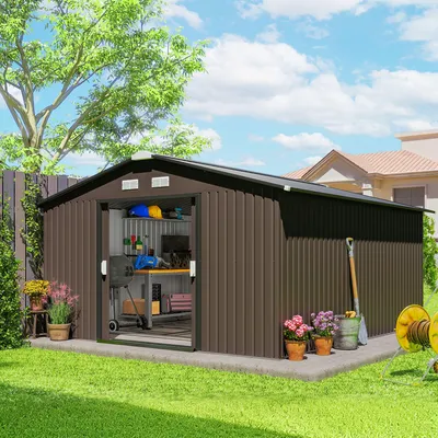 Produktbild von Gerätehaus Metall XXL mit Bodenrahmen, Geräteschuppen Stahl wetterfest, Gartenhaus Braun | 386 x 340 x 200 cm | 4 Belüftungsfenster | 2 Schiebetüren