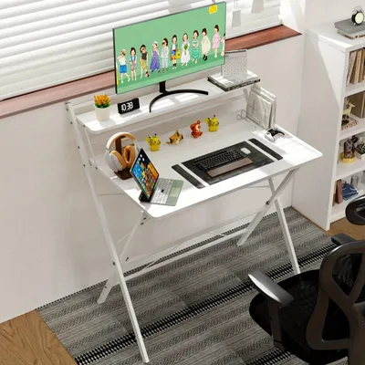 Immagine prodotto di Scrivania a due piani - Tavolo in legno - Scrivania - Tavolo da lavoro - Scrivania da studio - Bianco - Design compatto