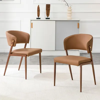 Productafbeelding van Eetkamerstoel, set van 2, modern, bekleed met kunstleer, metalen frame, ergonomische rugleuning, geschikt voor eetkamer, woonkamer en keuken - alleen stoel, bruin