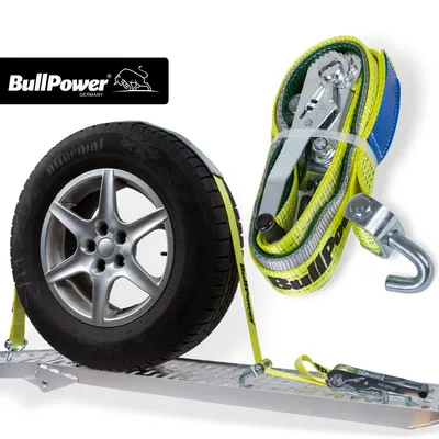 Produktbild von 1x BullPower Spanngurt AZG254 - Autotransport PKW Zurrgurt Reifengurt Transportsicherung - LC 5000 kg / daN mit Ratsche und Haken - 50mm breit