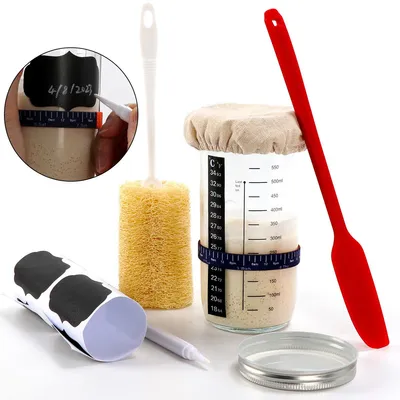Produktbild von Sauerteig Starter Set, Glas Fermentierglas für Brot & Teig, mit Silikonspatel, Temperaturpapier & Baumwollhaube