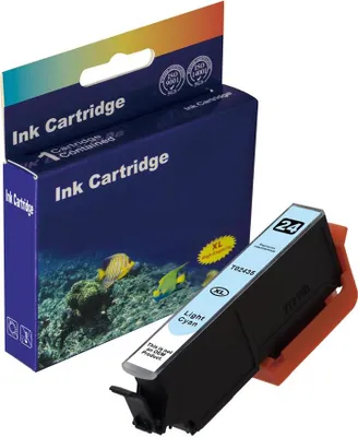 A light cyan ink cartridge and its packaging are shown against a white background.