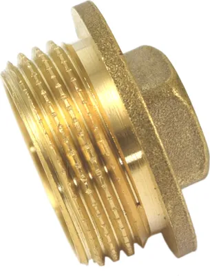 A close-up of a brass pipe fitting with external threads.