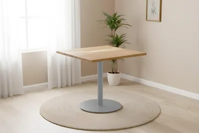 Produktbild von Bistrotisch eckig Runde Kante 80 x 80 cm Akazienholz natur massiv Säulengestell-rund silber EMILE