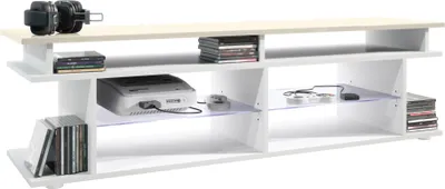 Produktbild von Vladon TV Board Movie V3 Game On 138,5 x 39 x 37,5 cm inkl. LED-Beleuchtung Blau, Korpus in Weiß matt, Game Aufsatz in Creme Hochglanz