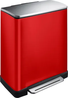 Produktbild von Stilvoller rechteckiger Treteimer mit extra breitem Pedal | 28+18 Liter, HxBxT 65x50x34,5cm | 2 Inneneimer aus Kunststoff | Rot