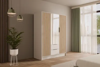 A modern bedroom with a wardrobe, plant, and window.