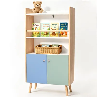 Zdjęcie produktu dla Półka na książki dla dzieci ALVIX NESTA 4 z 2 drzwiczkami, regał Montessori dla dzieci z półką na książki, półką na zabawki i szafką do przechowywania, wyposażona w zabezpieczenie przed przewróceniem